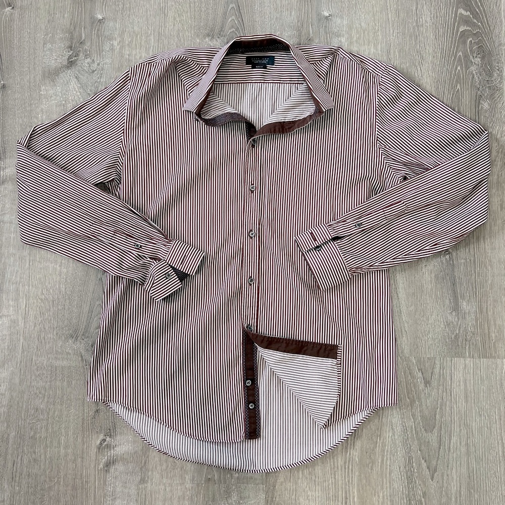 Zara Men, button down dress shirt, brown with white, size XL, slim fit